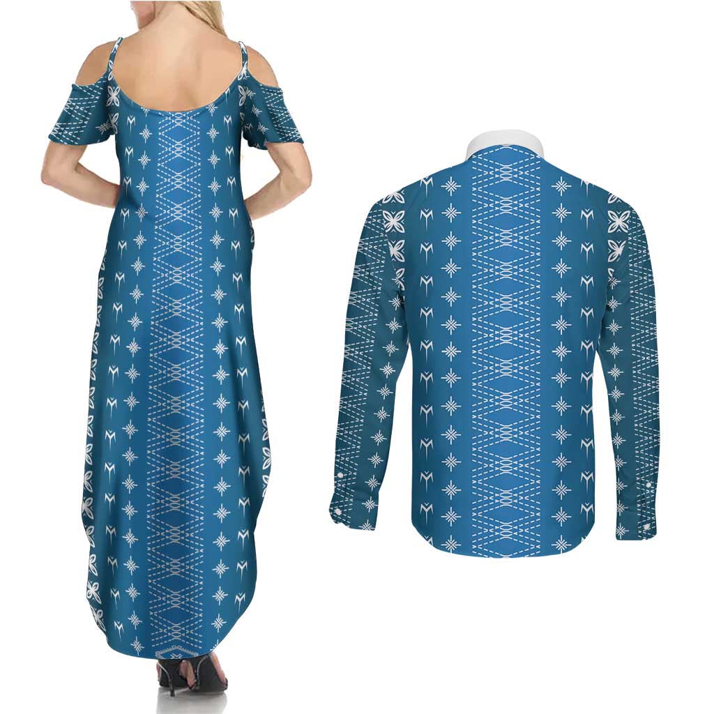 Blue Samoa Malu Tattoo Inspired Couples Matching Summer Maxi Dress and Long Sleeve Button Shirt - Polynesian Pride