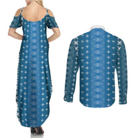 Blue Samoa Malu Tattoo Inspired Couples Matching Summer Maxi Dress and Long Sleeve Button Shirt - Polynesian Pride