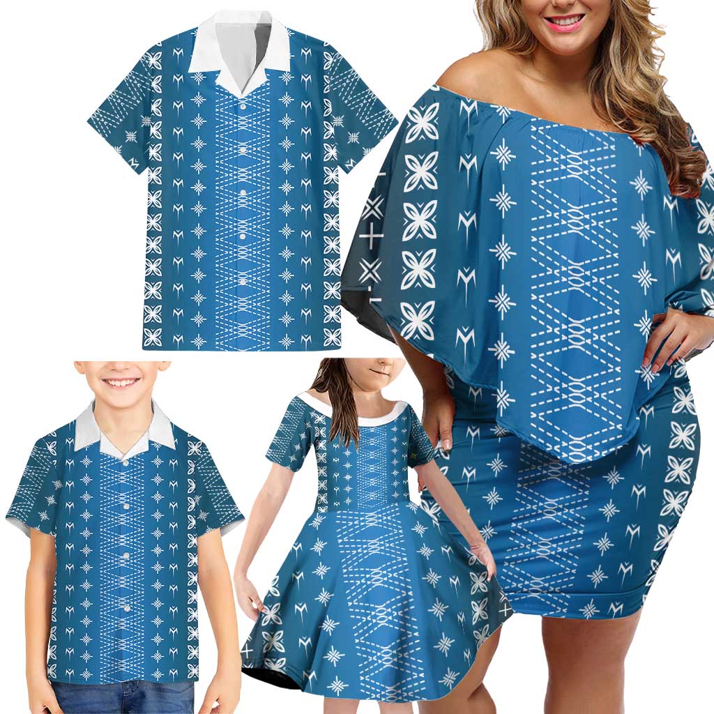 Blue Samoa Malu Tattoo Inspired Family Matching Off Shoulder Short Dress and Hawaiian Shirt LT05 - Polynesian Pride