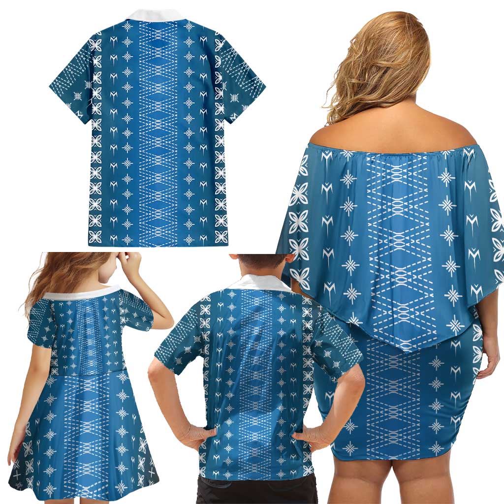 Blue Samoa Malu Tattoo Inspired Family Matching Off Shoulder Short Dress and Hawaiian Shirt LT05 - Polynesian Pride