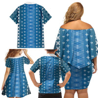 Blue Samoa Malu Tattoo Inspired Family Matching Off Shoulder Short Dress and Hawaiian Shirt LT05 - Polynesian Pride