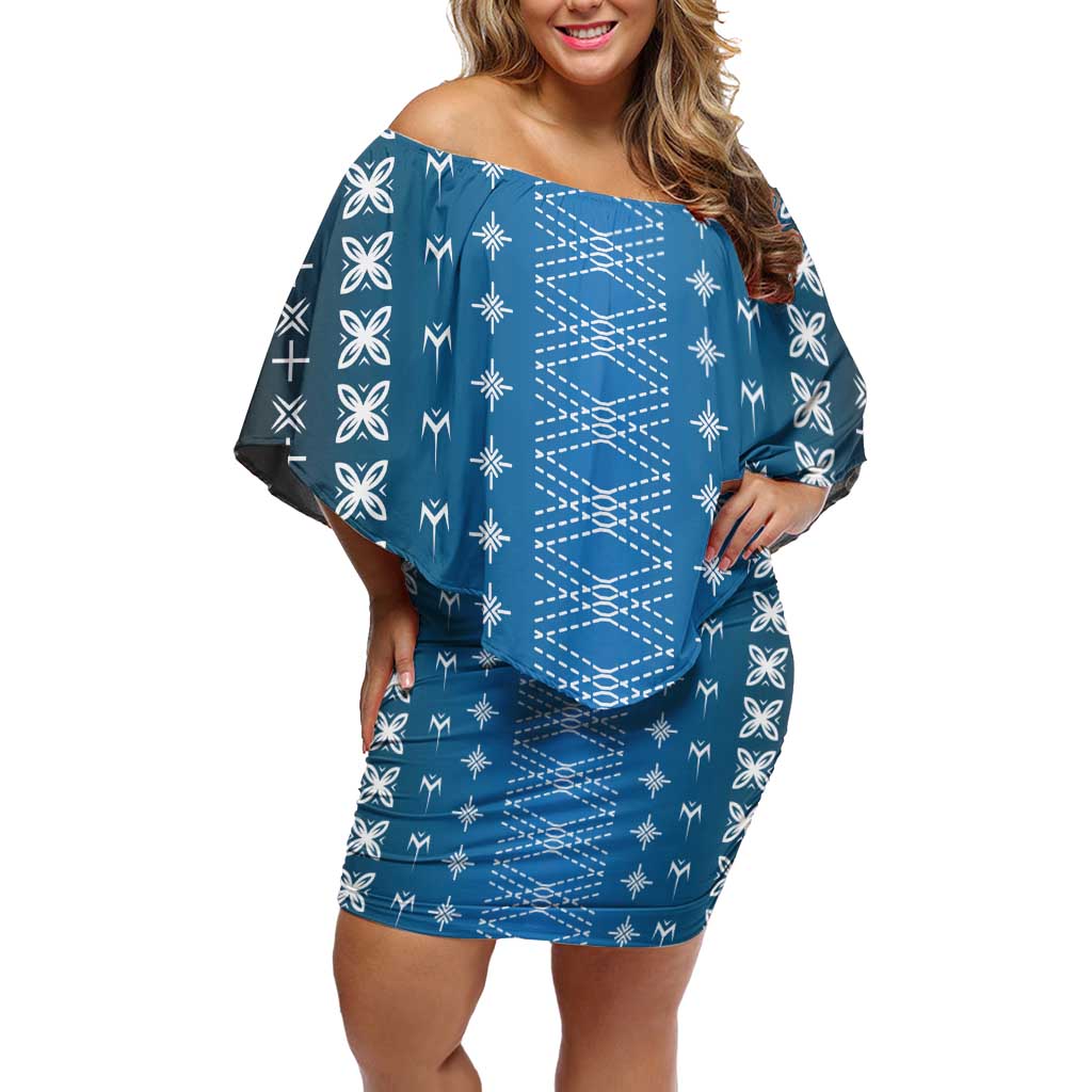 Blue Samoa Malu Tattoo Inspired Family Matching Off Shoulder Short Dress and Hawaiian Shirt LT05 Mom's Dress Blue - Polynesian Pride