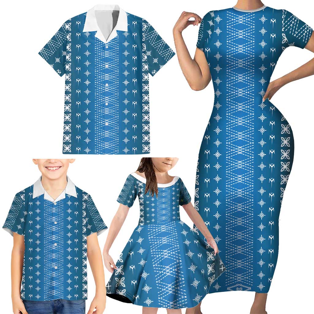 Blue Samoa Malu Tattoo Inspired Family Matching Short Sleeve Bodycon Dress and Hawaiian Shirt LT05 - Polynesian Pride