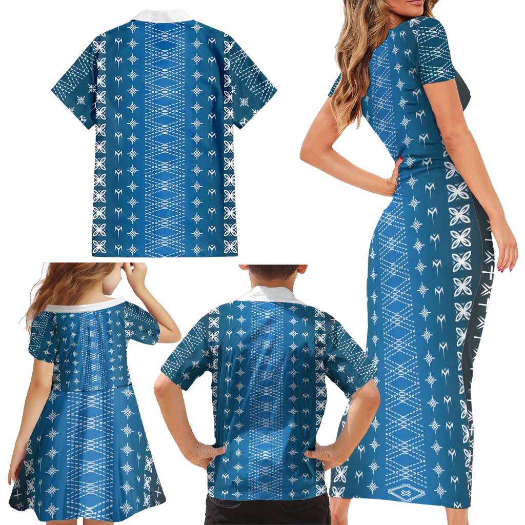 Blue Samoa Malu Tattoo Inspired Family Matching Short Sleeve Bodycon Dress and Hawaiian Shirt LT05 - Polynesian Pride