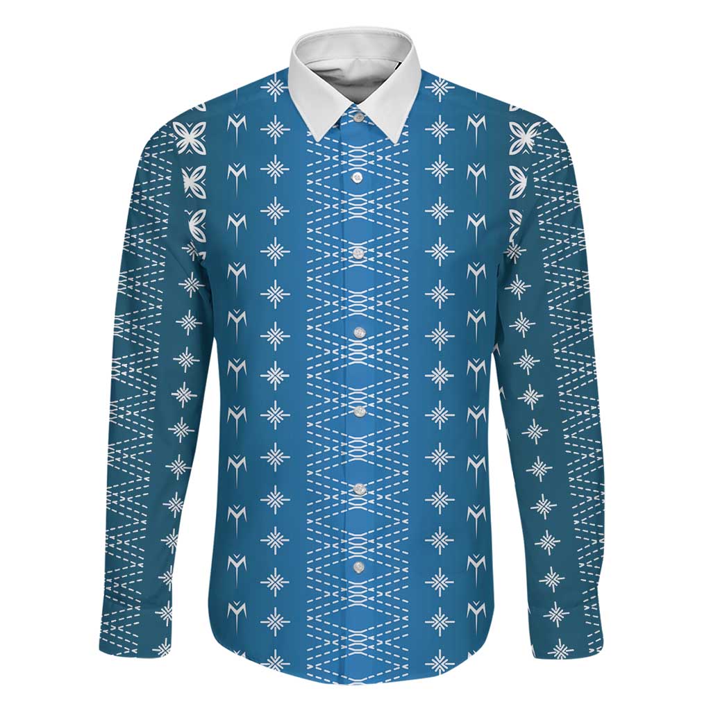 Blue Samoa Malu Tattoo Inspired Family Matching Short Sleeve Bodycon Dress and Hawaiian Shirt LT05 Dad's Shirt - Long Sleeve Blue - Polynesian Pride