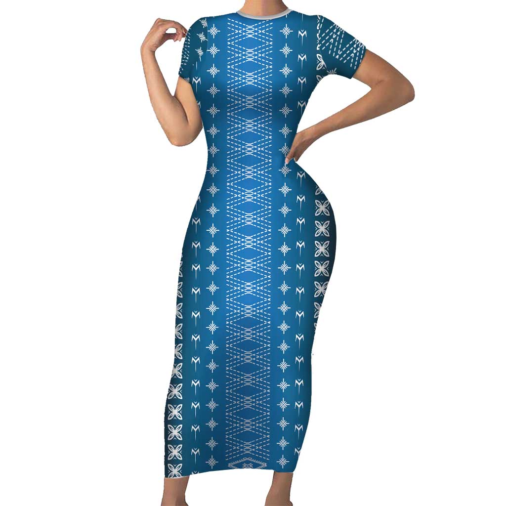 Blue Samoa Malu Tattoo Inspired Family Matching Short Sleeve Bodycon Dress and Hawaiian Shirt LT05 Mom's Dress Blue - Polynesian Pride