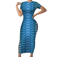 Blue Samoa Malu Tattoo Inspired Family Matching Short Sleeve Bodycon Dress and Hawaiian Shirt LT05 Mom's Dress Blue - Polynesian Pride