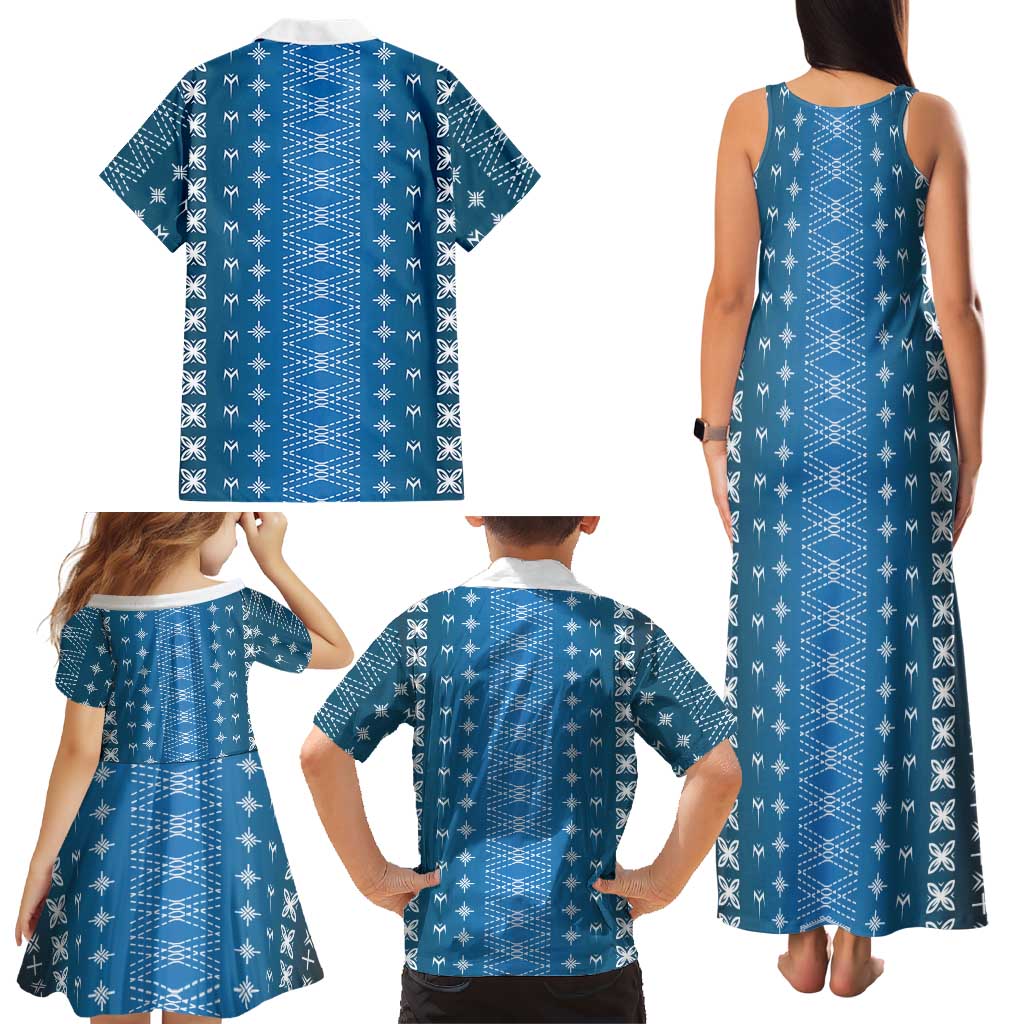 Blue Samoa Malu Tattoo Inspired Family Matching Tank Maxi Dress and Hawaiian Shirt LT05 - Polynesian Pride