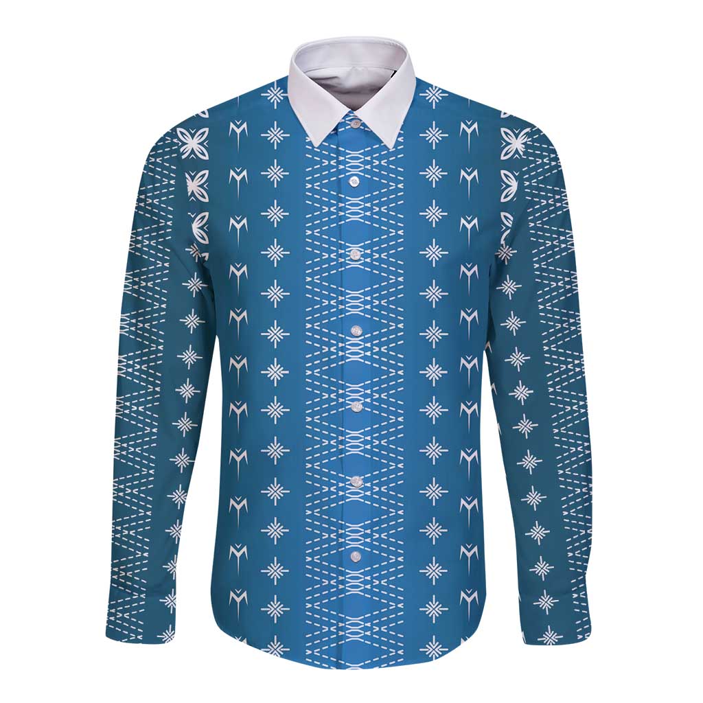 Blue Samoa Malu Tattoo Inspired Long Sleeve Button Shirt - Polynesian Pride