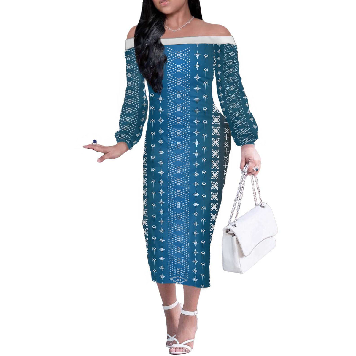 Blue Samoa Malu Tattoo Inspired Off The Shoulder Long Sleeve Dress LT05 Women Blue - Polynesian Pride