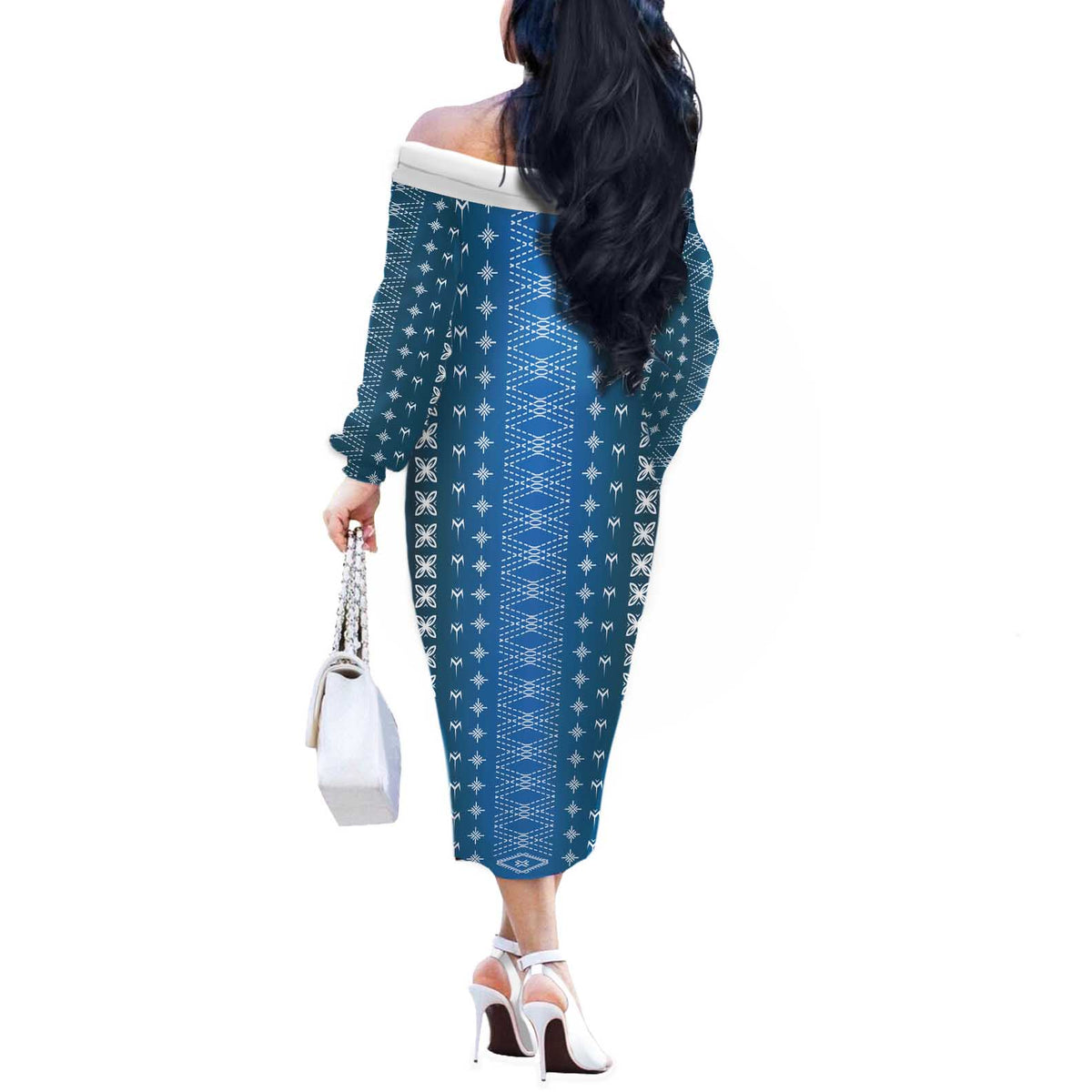 Blue Samoa Malu Tattoo Inspired Off The Shoulder Long Sleeve Dress LT05 - Polynesian Pride