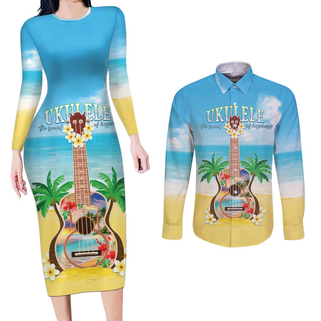 Hawaiian Ukulele Couples Matching Long Sleeve Bodycon Dress and Long Sleeve Button Shirt Sound Of Happiness LT05 Colorful - Polynesian Pride