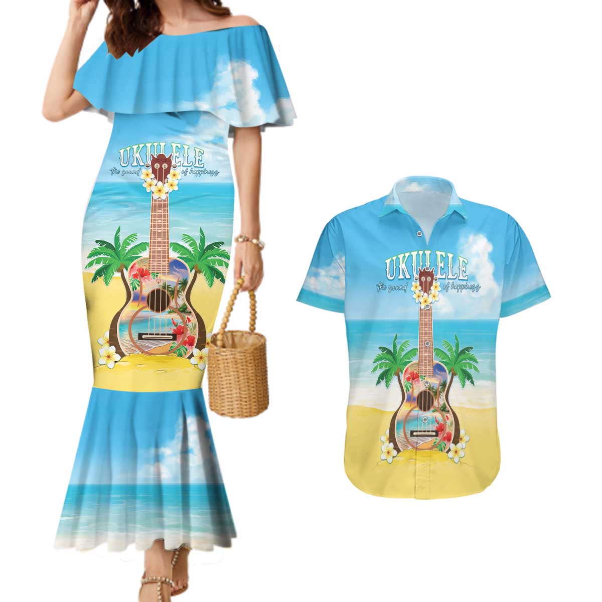 Hawaiian Ukulele Couples Matching Mermaid Dress and Hawaiian Shirt Sound Of Happiness LT05 Colorful - Polynesian Pride