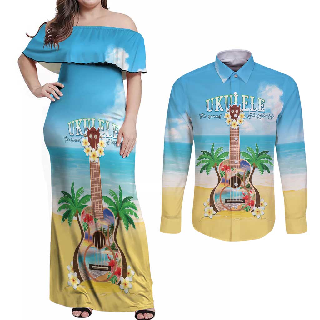 Hawaiian Ukulele Couples Matching Off Shoulder Maxi Dress and Long Sleeve Button Shirt Sound Of Happiness LT05 Colorful - Polynesian Pride