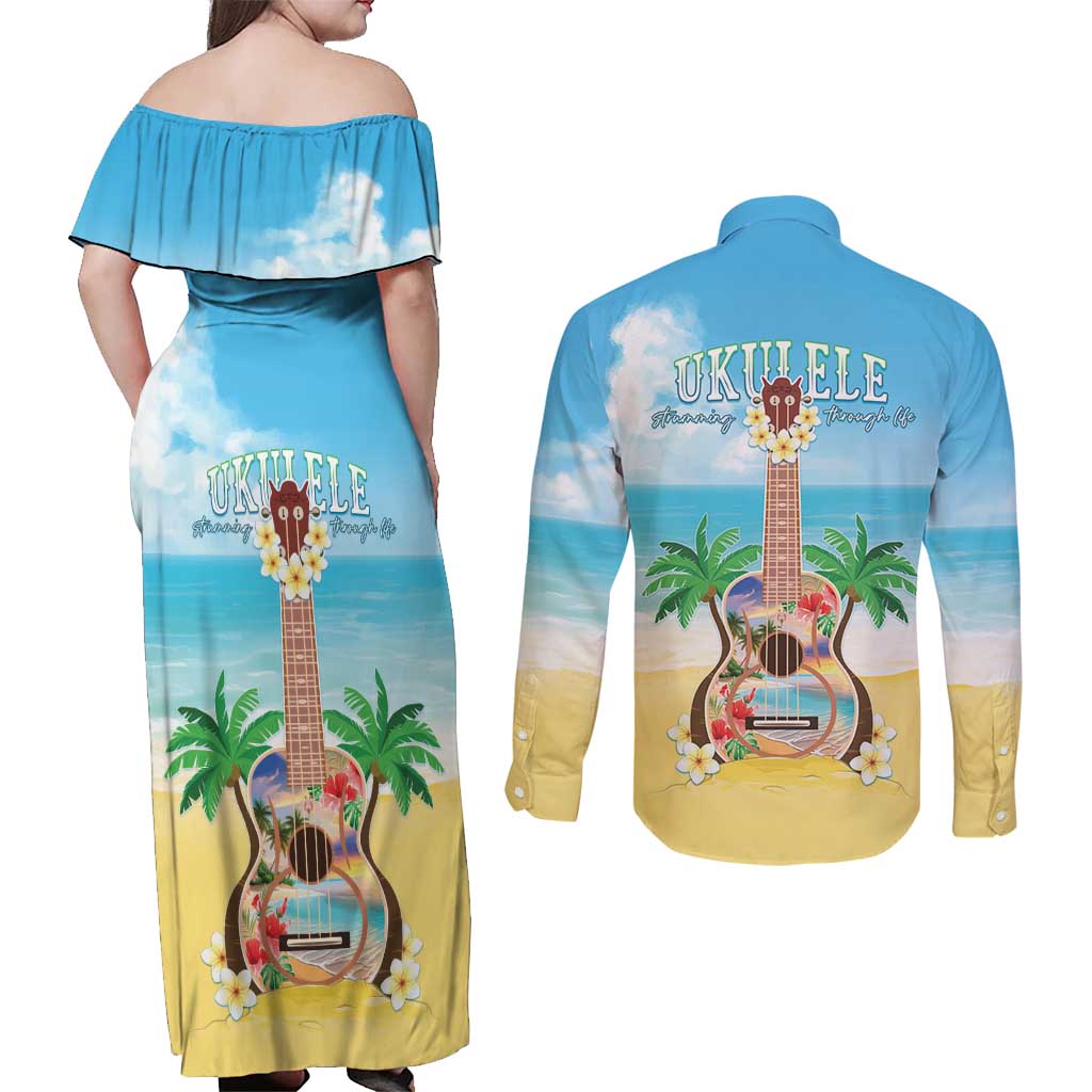 Hawaiian Ukulele Couples Matching Off Shoulder Maxi Dress and Long Sleeve Button Shirt Sound Of Happiness LT05 - Polynesian Pride