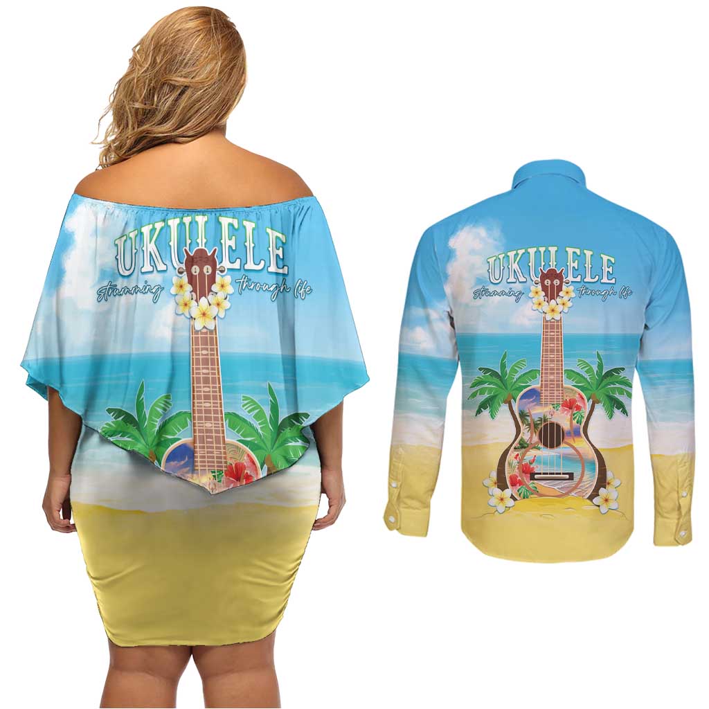 Hawaiian Ukulele Couples Matching Off Shoulder Short Dress and Long Sleeve Button Shirt Sound Of Happiness LT05 - Polynesian Pride