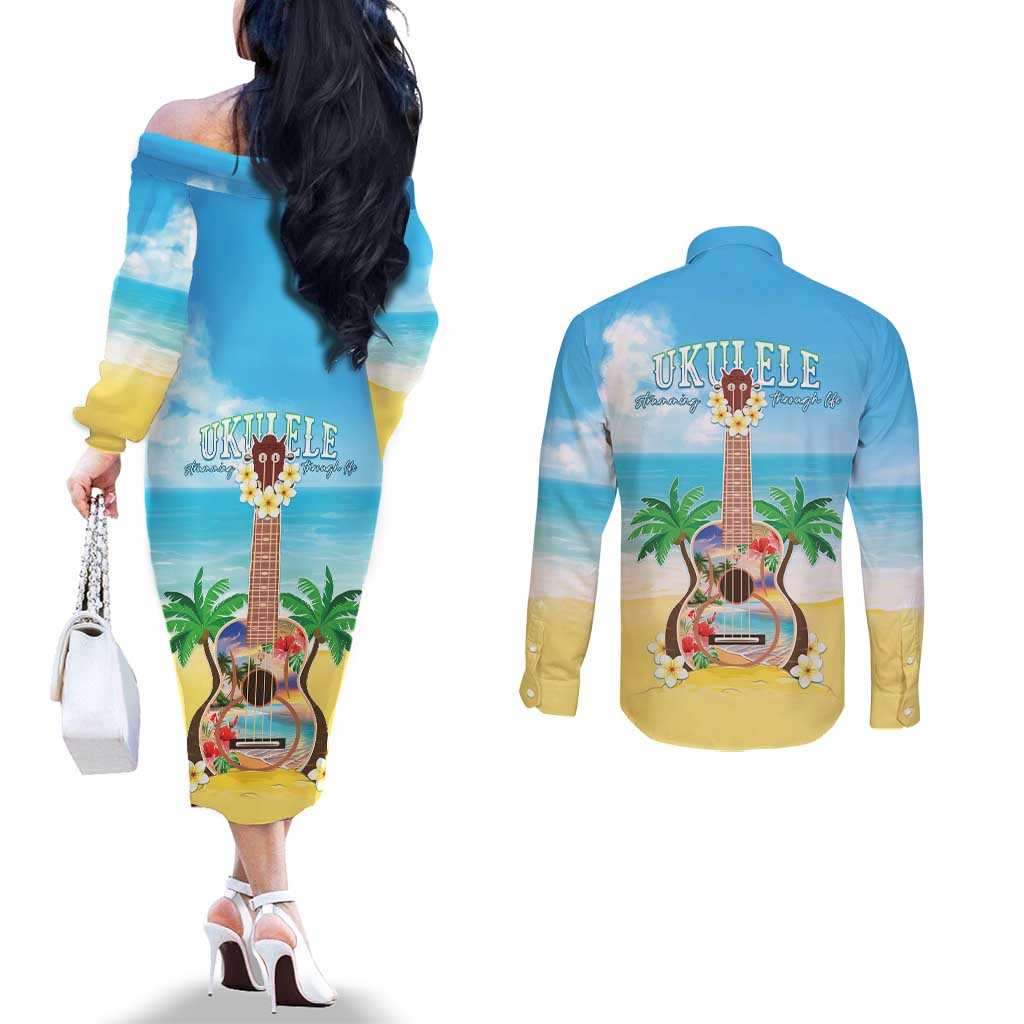 Hawaiian Ukulele Couples Matching Off The Shoulder Long Sleeve Dress and Long Sleeve Button Shirt Sound Of Happiness LT05 - Polynesian Pride