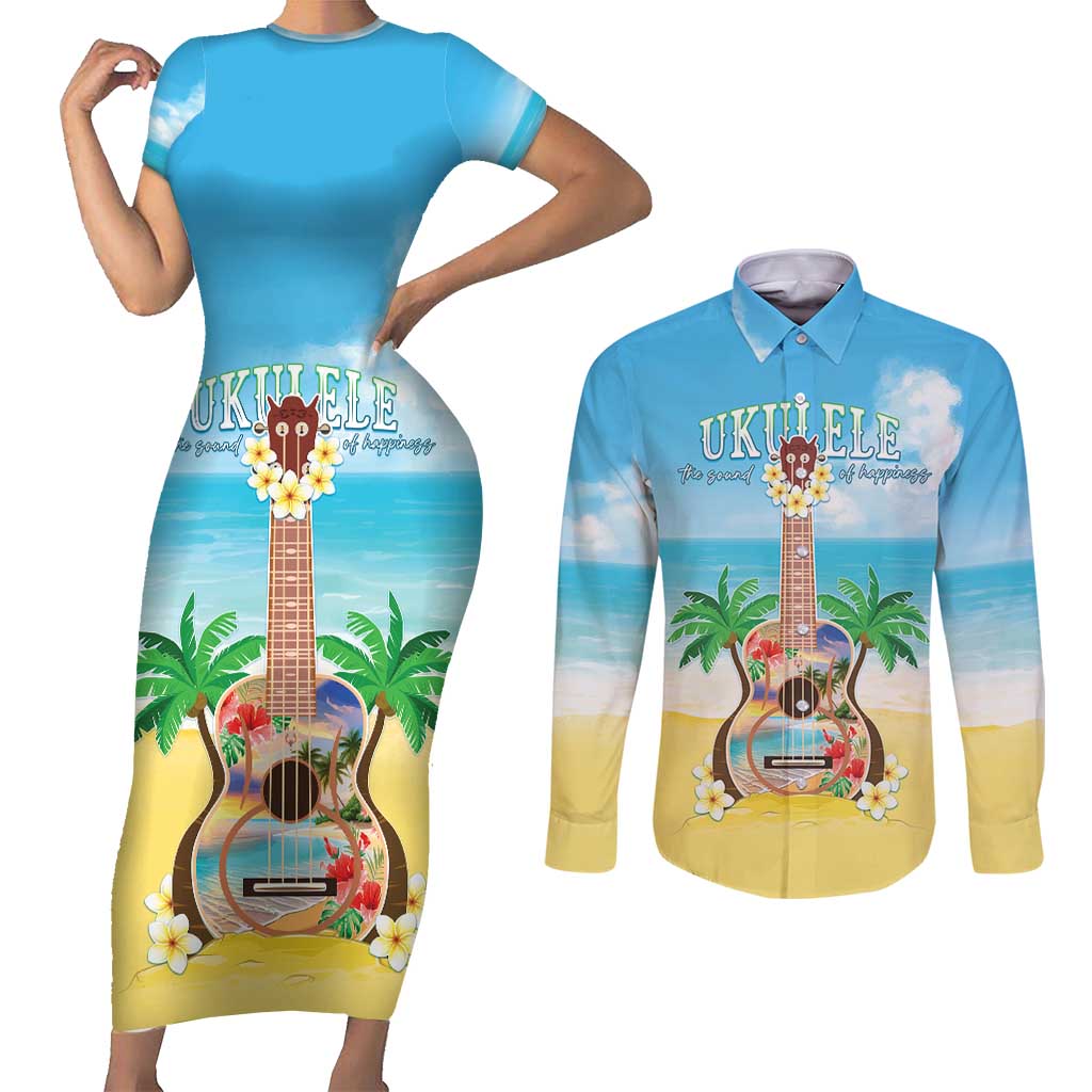 Hawaiian Ukulele Couples Matching Short Sleeve Bodycon Dress and Long Sleeve Button Shirt Sound Of Happiness LT05 Colorful - Polynesian Pride