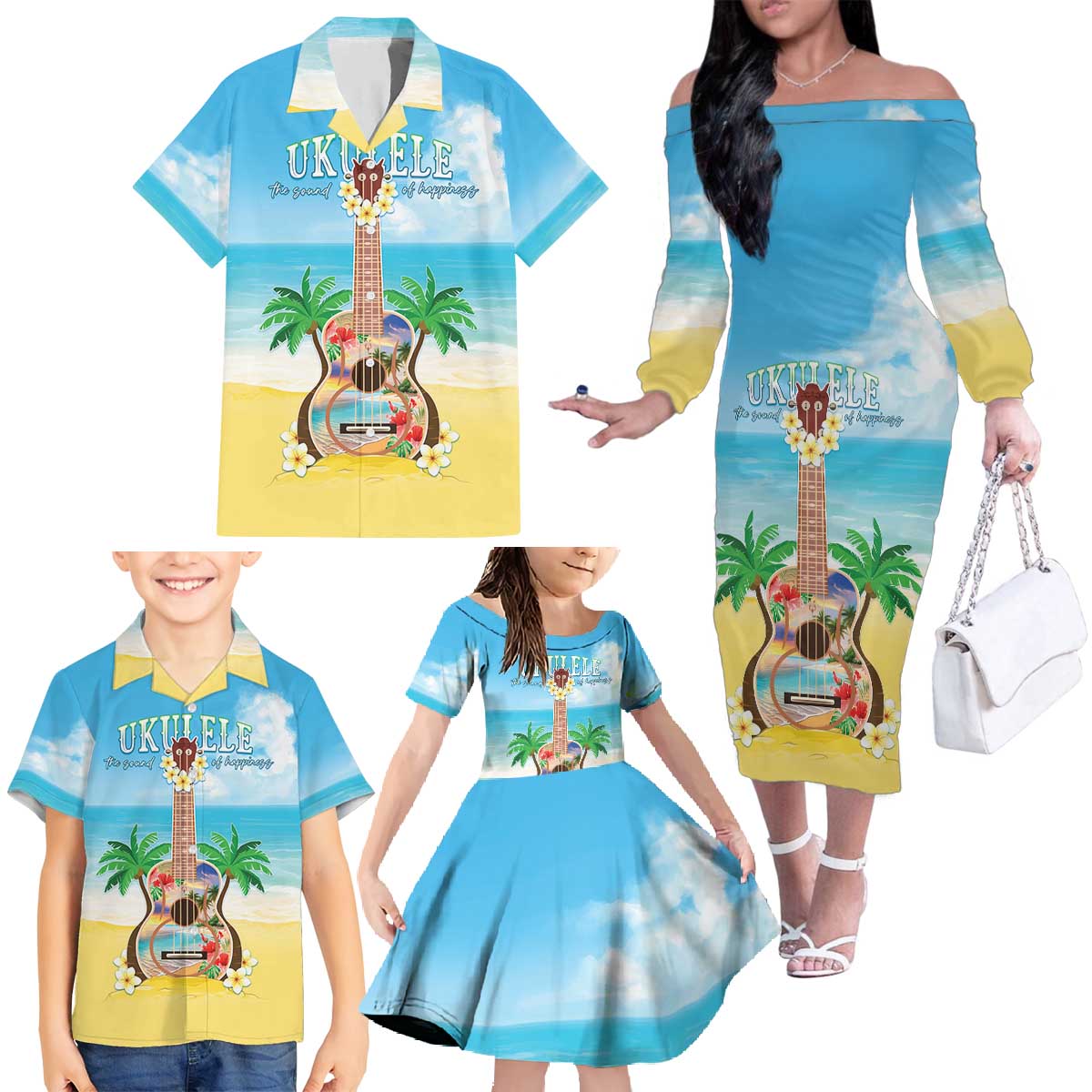 Hawaiian Ukulele Family Matching Off The Shoulder Long Sleeve Dress and Hawaiian Shirt Sound Of Happiness LT05 - Polynesian Pride