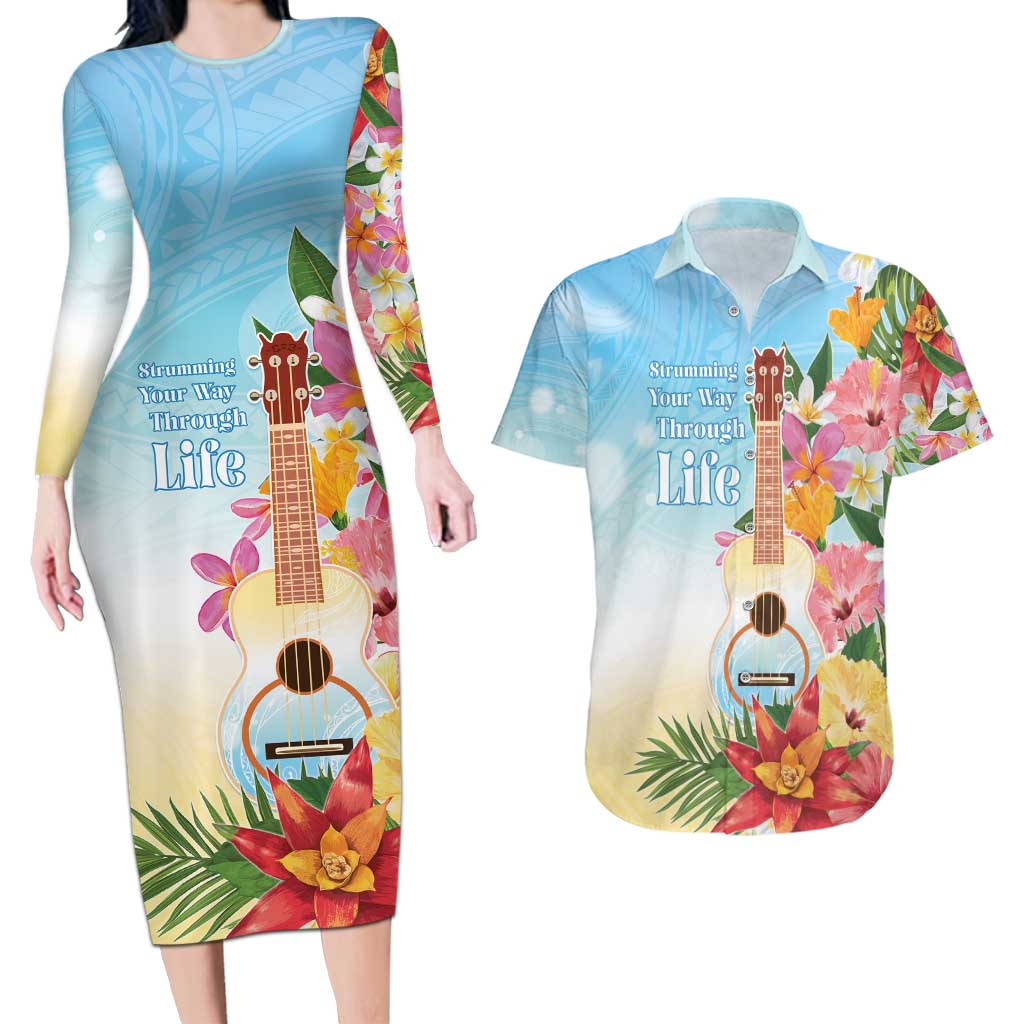 National Ukulele Day Couples Matching Long Sleeve Bodycon Dress and Hawaiian Shirt Tropical Vibe LT05 Colorful - Polynesian Pride