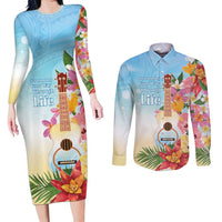 National Ukulele Day Couples Matching Long Sleeve Bodycon Dress and Long Sleeve Button Shirt Tropical Vibe