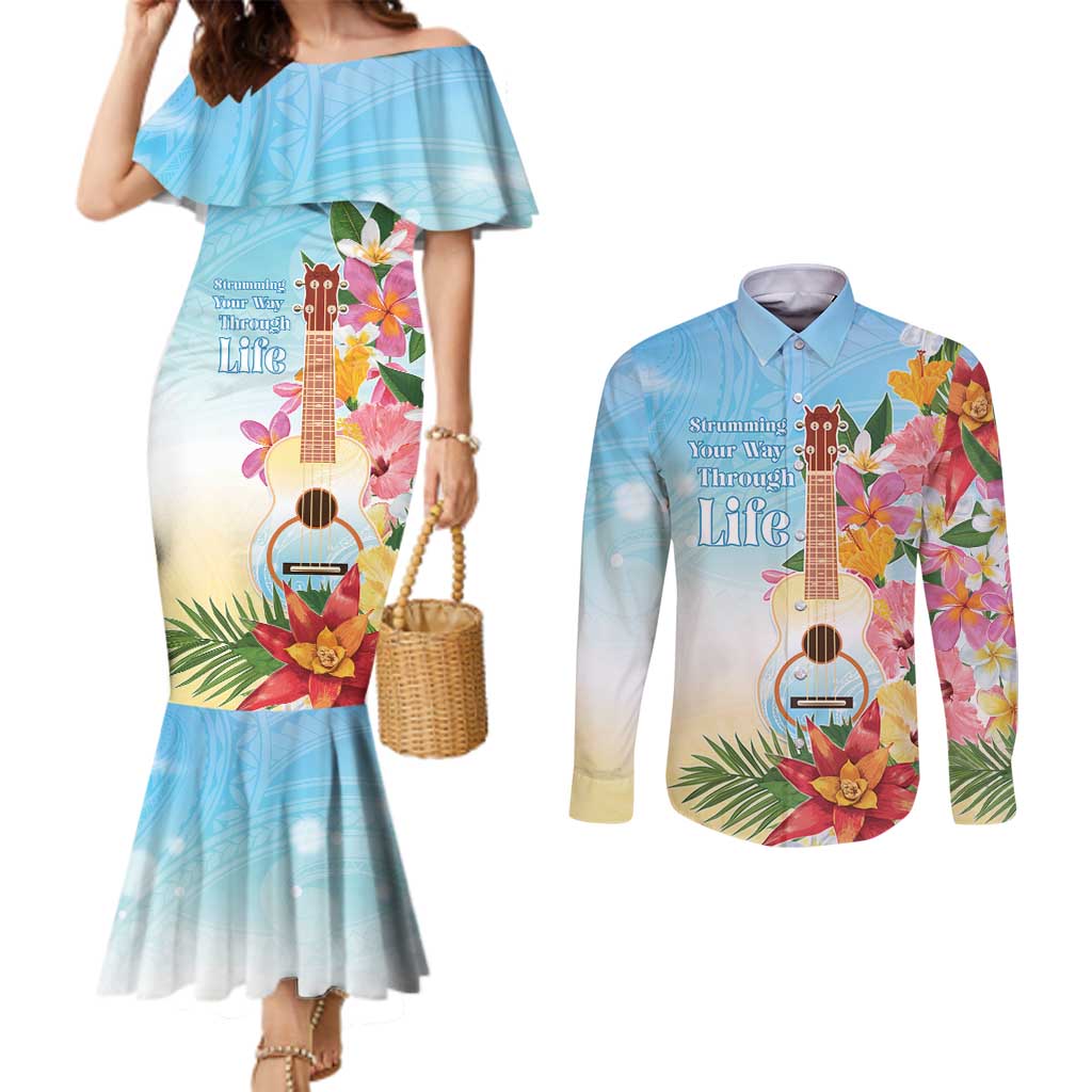 National Ukulele Day Couples Matching Mermaid Dress and Long Sleeve Button Shirt Tropical Vibe LT05 Colorful - Polynesian Pride