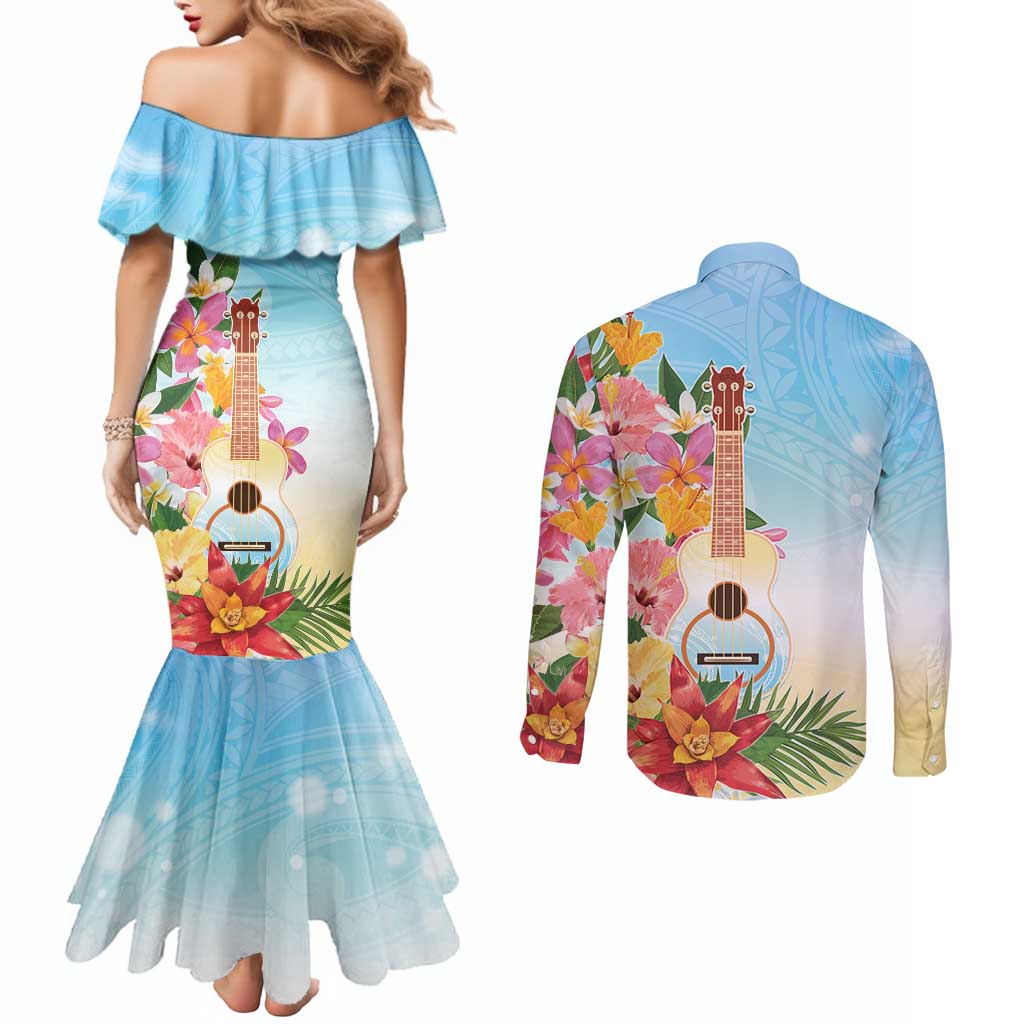 National Ukulele Day Couples Matching Mermaid Dress and Long Sleeve Button Shirt Tropical Vibe