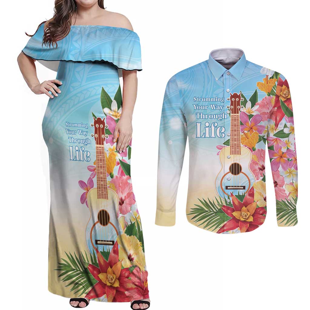 National Ukulele Day Couples Matching Off Shoulder Maxi Dress and Long Sleeve Button Shirt Tropical Vibe