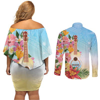 National Ukulele Day Couples Matching Off Shoulder Short Dress and Long Sleeve Button Shirt Tropical Vibe