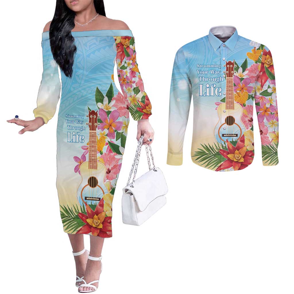 National Ukulele Day Couples Matching Off The Shoulder Long Sleeve Dress and Long Sleeve Button Shirt Tropical Vibe LT05 Colorful - Polynesian Pride