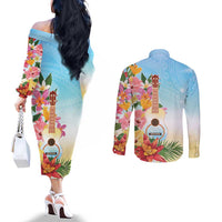 National Ukulele Day Couples Matching Off The Shoulder Long Sleeve Dress and Long Sleeve Button Shirt Tropical Vibe