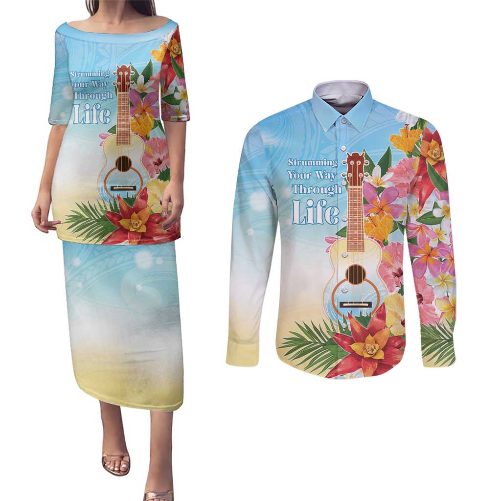 National Ukulele Day Couples Matching Puletasi and Long Sleeve Button Shirt Tropical Vibe LT05 Colorful - Polynesian Pride