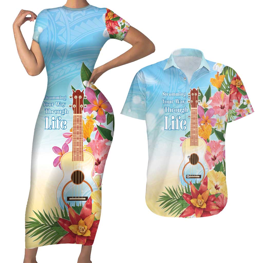 National Ukulele Day Couples Matching Short Sleeve Bodycon Dress and Hawaiian Shirt Tropical Vibe LT05 Colorful - Polynesian Pride