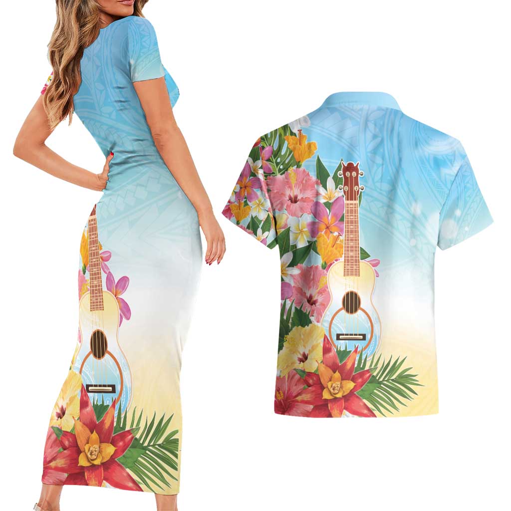 National Ukulele Day Couples Matching Short Sleeve Bodycon Dress and Hawaiian Shirt Tropical Vibe LT05 - Polynesian Pride