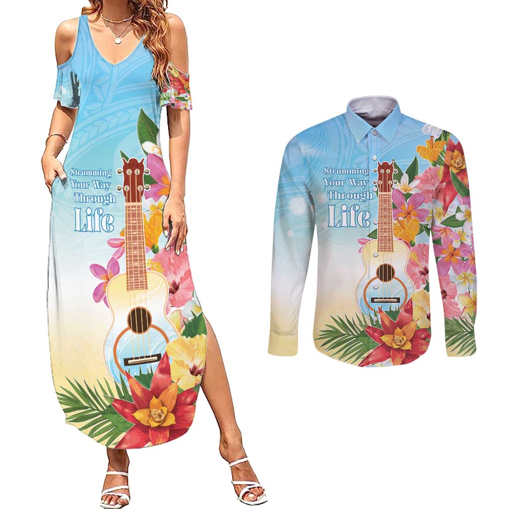 National Ukulele Day Couples Matching Summer Maxi Dress and Long Sleeve Button Shirt Tropical Vibe LT05 Colorful - Polynesian Pride