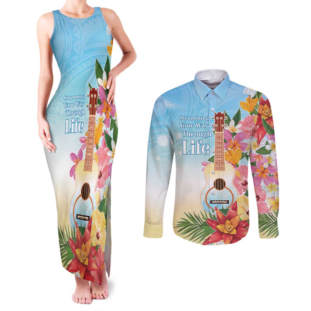 National Ukulele Day Couples Matching Tank Maxi Dress and Long Sleeve Button Shirt Tropical Vibe LT05 Colorful - Polynesian Pride