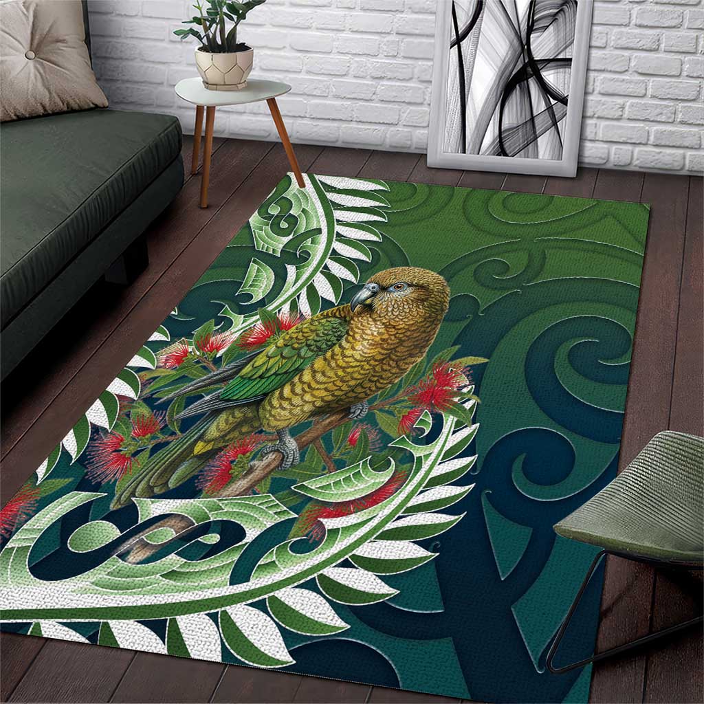 New Zealand Kea Bird Area Rug With Maori Koru Fern LT05 Green - Polynesian Pride