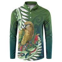 New Zealand Kea Bird Button Sweatshirt With Maori Koru Fern LT05 Green - Polynesian Pride