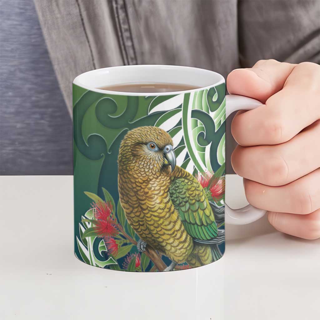 New Zealand Kea Bird Ceramic Mug With Maori Koru Fern - Polynesian Pride