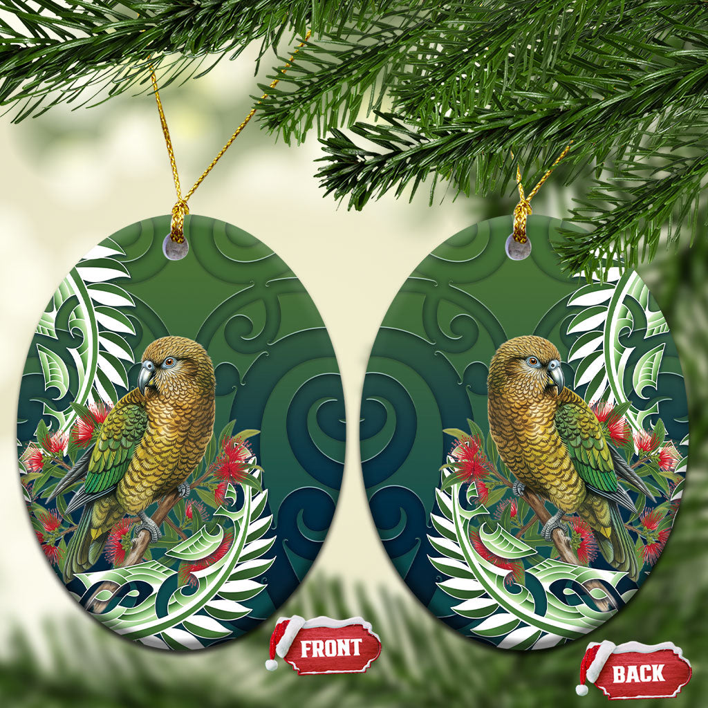 New Zealand Kea Bird Ceramic Ornament With Maori Koru Fern LT05 Oval Green - Polynesian Pride