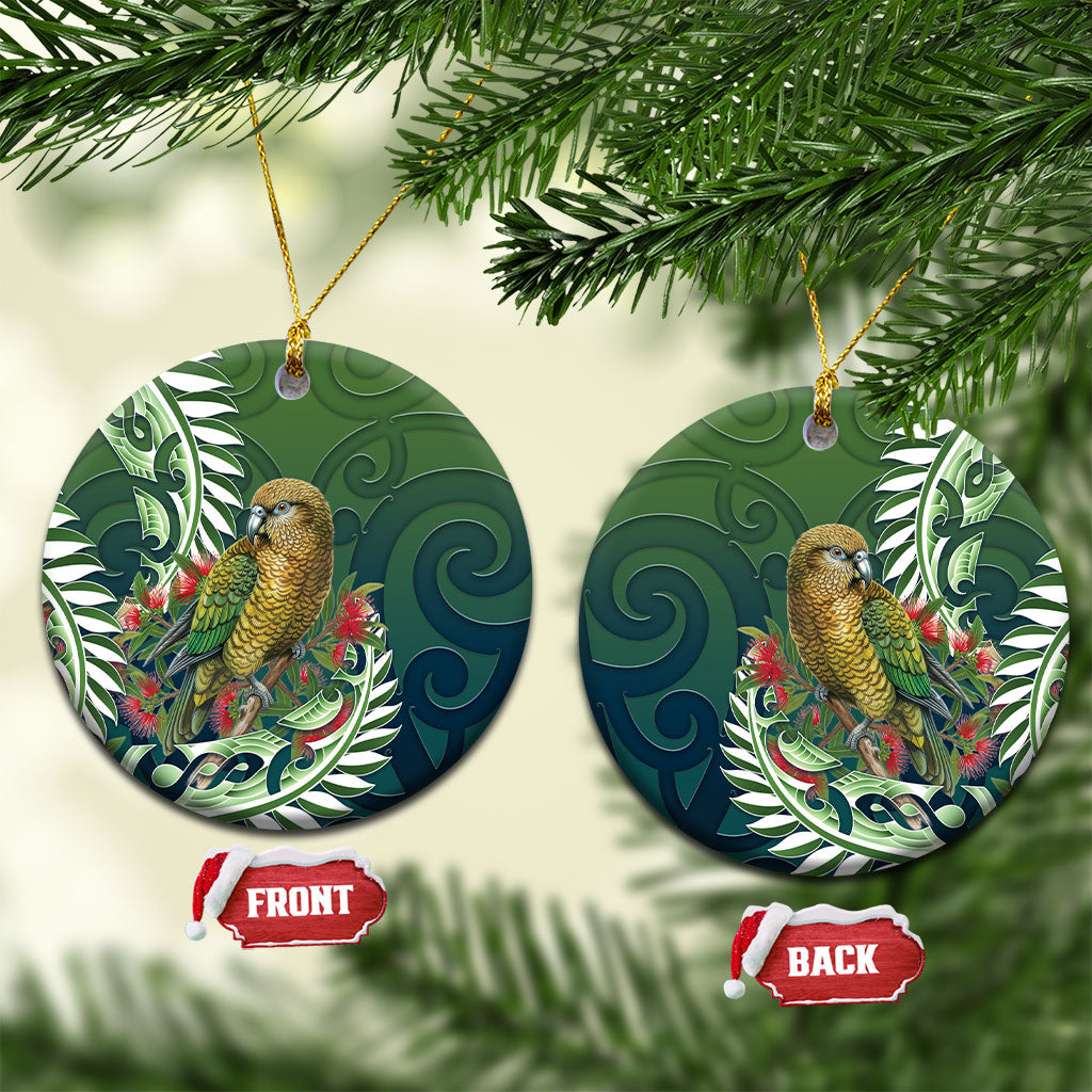 New Zealand Kea Bird Ceramic Ornament With Maori Koru Fern LT05 Circle Green - Polynesian Pride