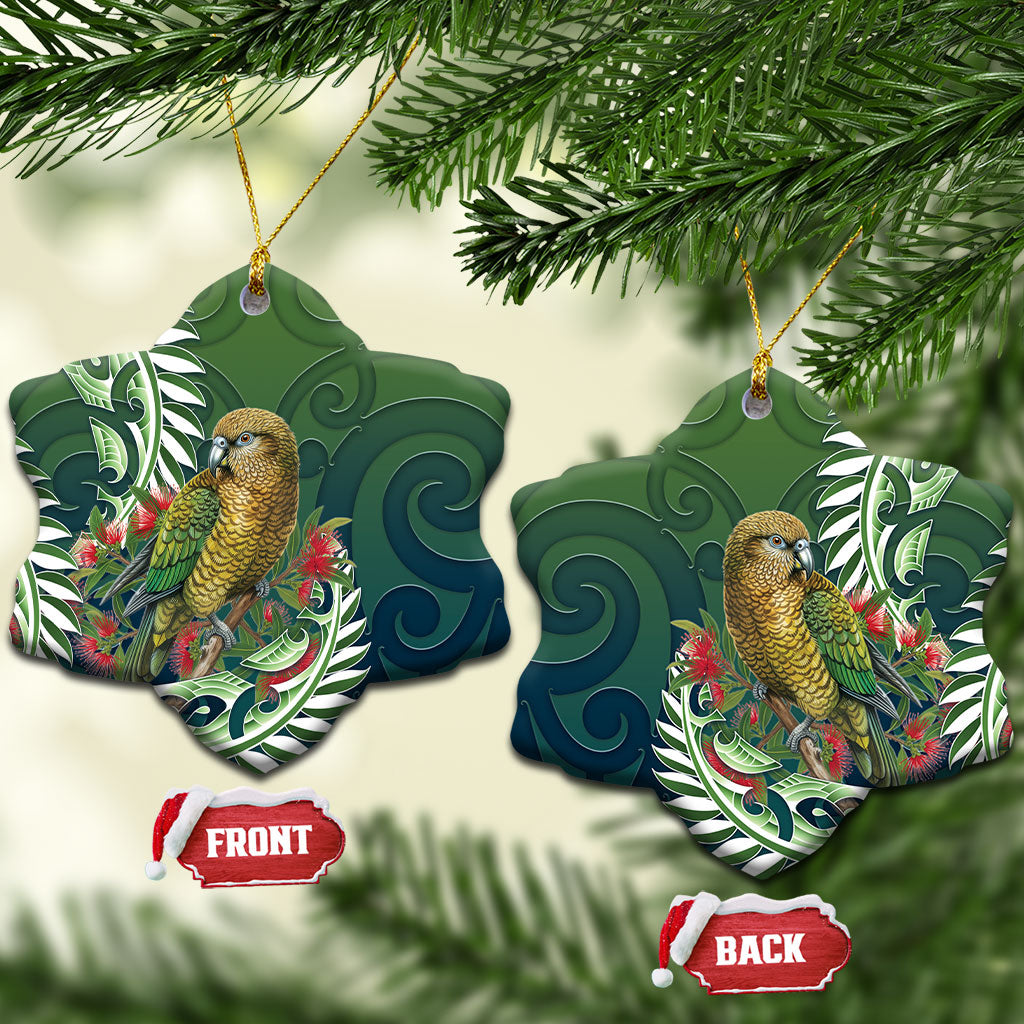 New Zealand Kea Bird Ceramic Ornament With Maori Koru Fern LT05 Snow Flake Green - Polynesian Pride
