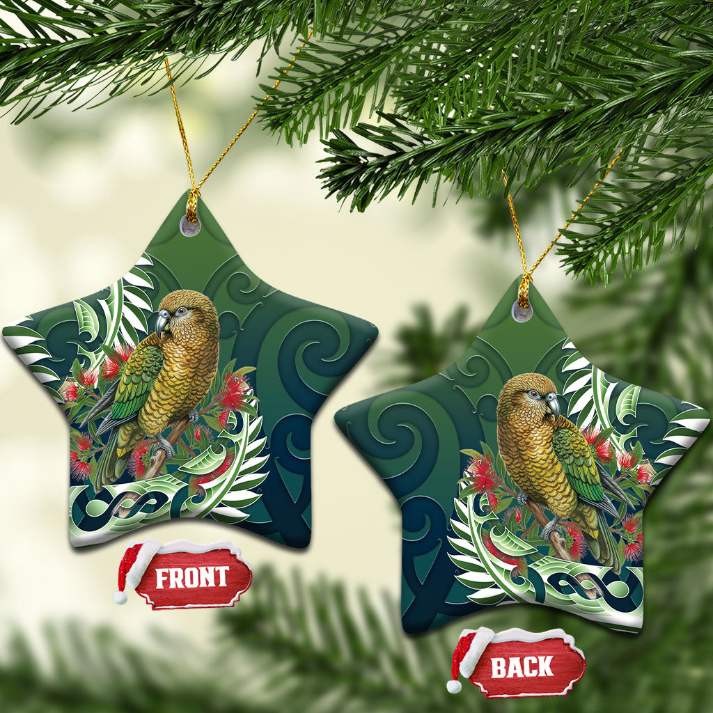 New Zealand Kea Bird Ceramic Ornament With Maori Koru Fern LT05 Star Green - Polynesian Pride