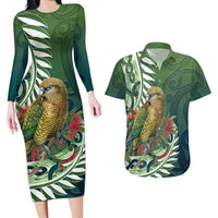 New Zealand Kea Bird Couples Matching Long Sleeve Bodycon Dress and Hawaiian Shirt With Maori Koru Fern LT05 Green - Polynesian Pride