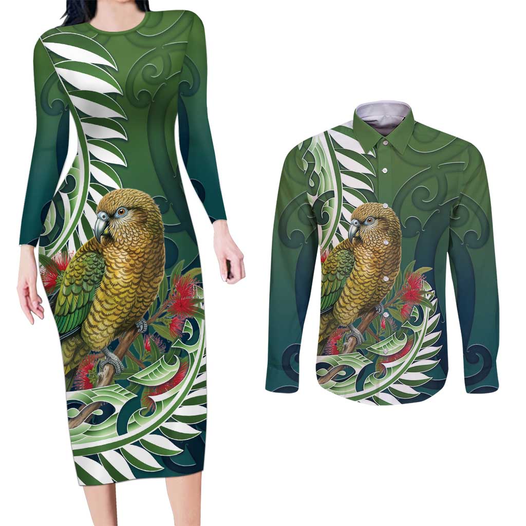 New Zealand Kea Bird Couples Matching Long Sleeve Bodycon Dress and Long Sleeve Button Shirt With Maori Koru Fern LT05 Green - Polynesian Pride