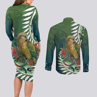 New Zealand Kea Bird Couples Matching Long Sleeve Bodycon Dress and Long Sleeve Button Shirt With Maori Koru Fern LT05 - Polynesian Pride