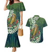 New Zealand Kea Bird Couples Matching Mermaid Dress and Hawaiian Shirt With Maori Koru Fern LT05 Green - Polynesian Pride