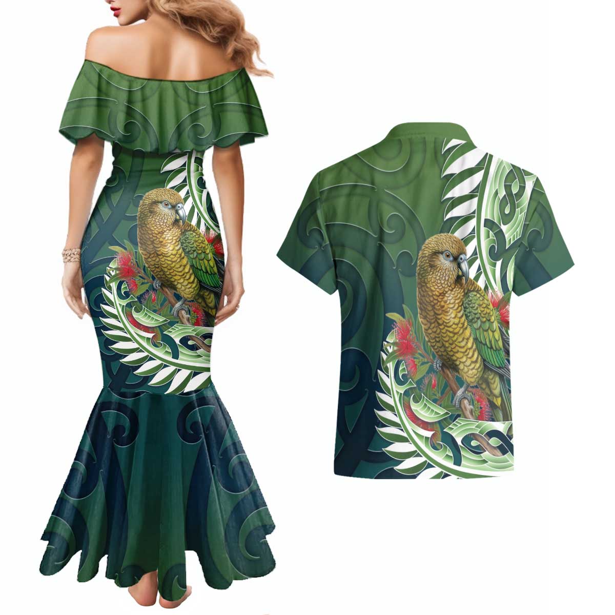 New Zealand Kea Bird Couples Matching Mermaid Dress and Hawaiian Shirt With Maori Koru Fern LT05 - Polynesian Pride