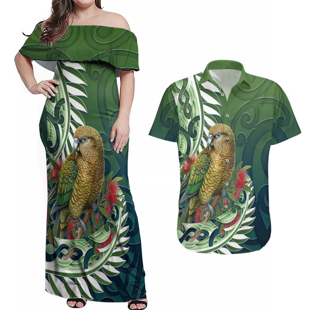 New Zealand Kea Bird Couples Matching Off Shoulder Maxi Dress and Hawaiian Shirt With Maori Koru Fern LT05 Green - Polynesian Pride