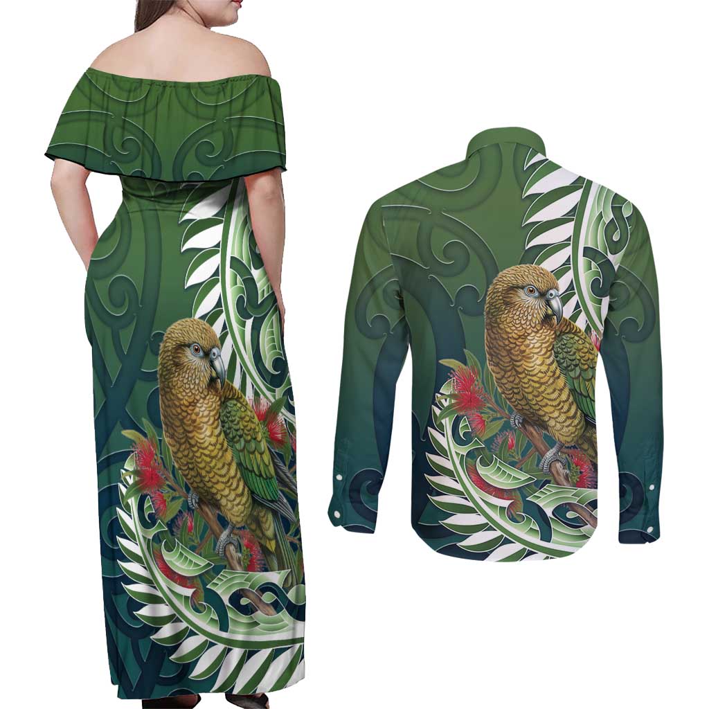 New Zealand Kea Bird Couples Matching Off Shoulder Maxi Dress and Long Sleeve Button Shirt With Maori Koru Fern LT05 - Polynesian Pride